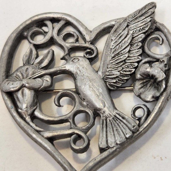 Spoon Vintage Pewter Heart Hummingbird Brooch Pin Floral Open Work Silver Tone - Picture 2 of 6